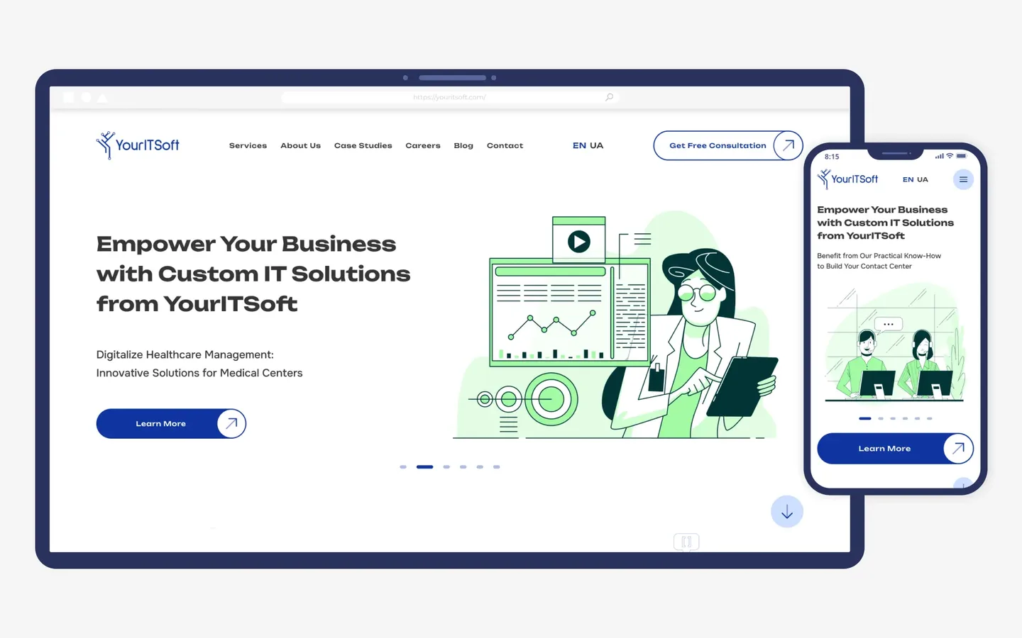 YourITSoft website on desktop and mobile: hero with an illustrated doctor and dashboards, navigation and consultation button