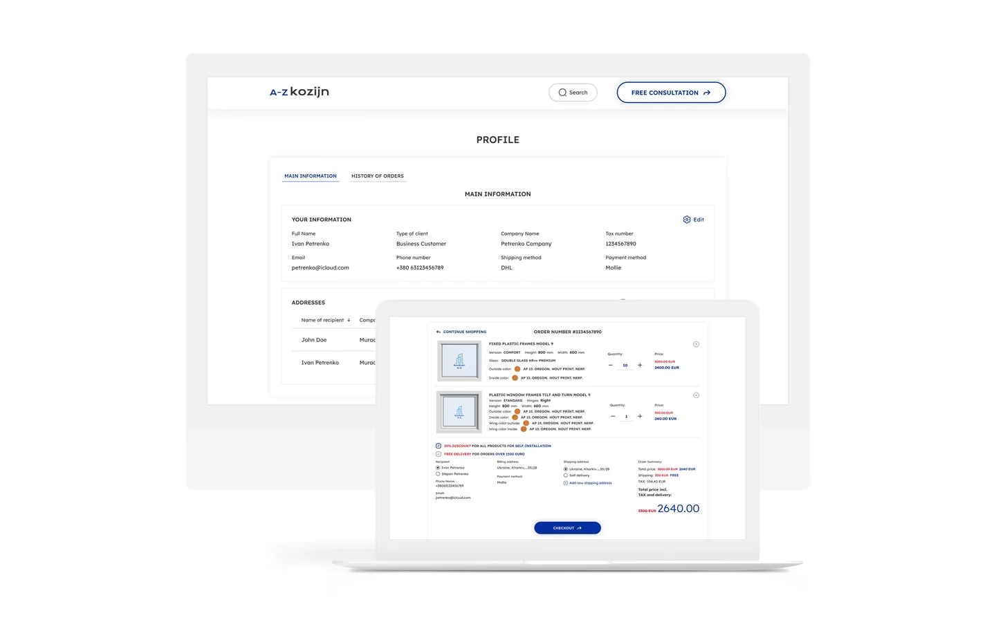 Customer profile and shopping cart with discounts, several recipients and delivery addresses