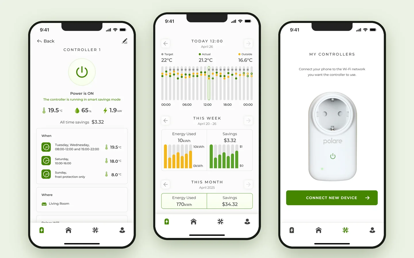 Polare app: controller detail, usage analytics and connect-a-device screens