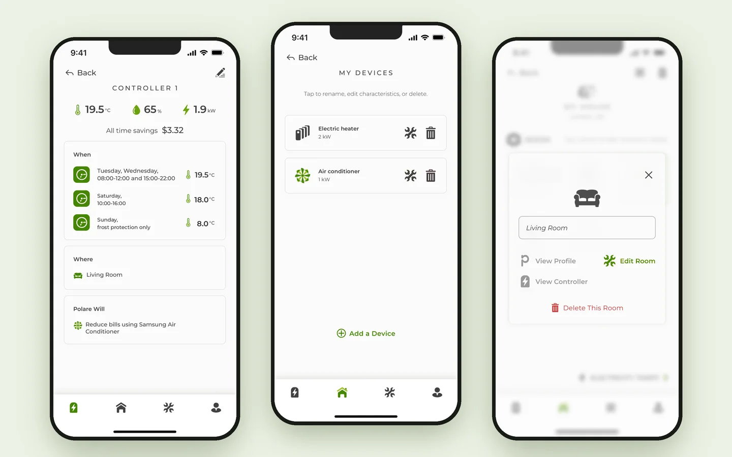 Polare app: device list and room assignment screens