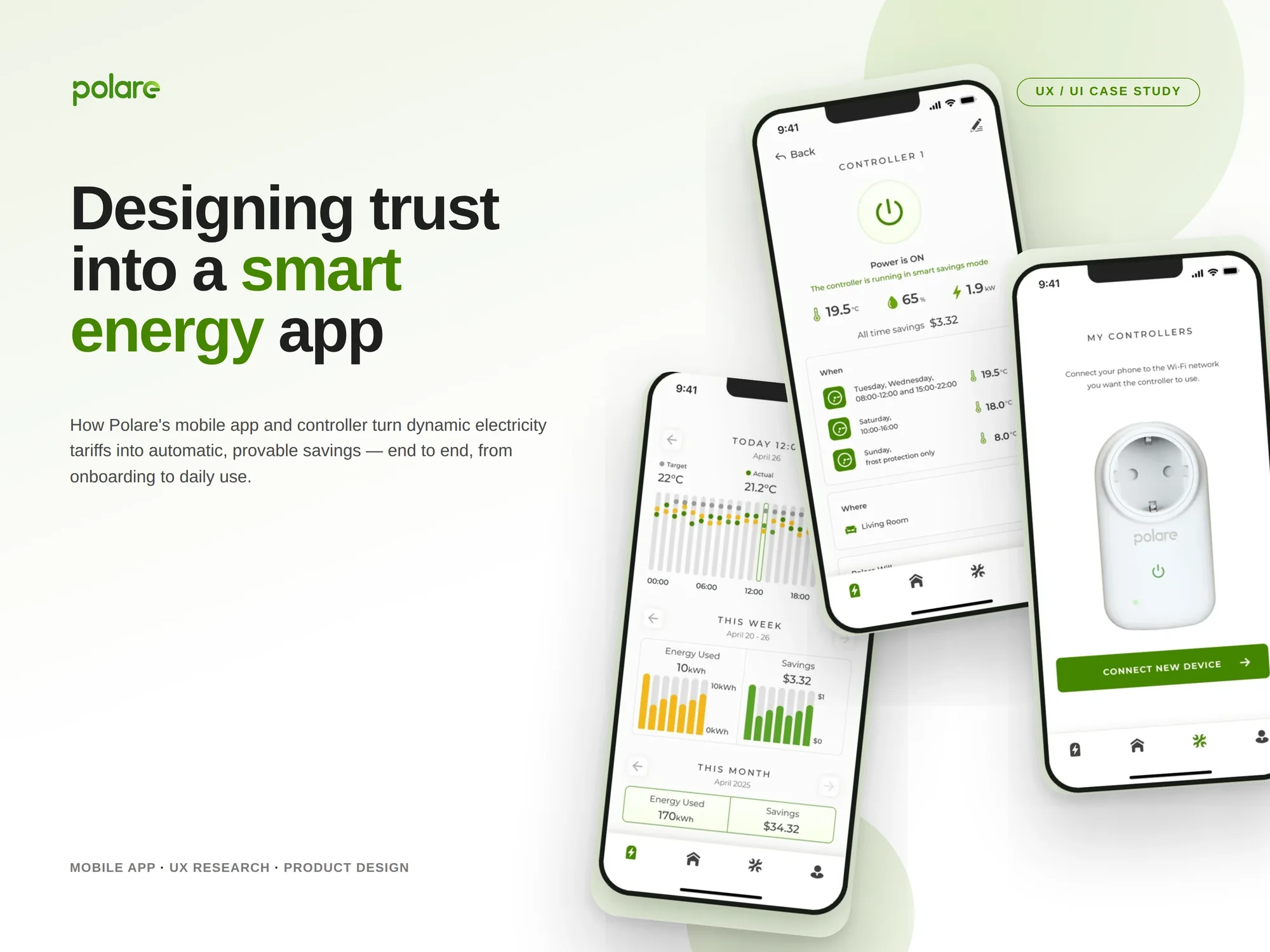 Polare cover: three app screens with controller, energy analytics and connecting a new smart plug