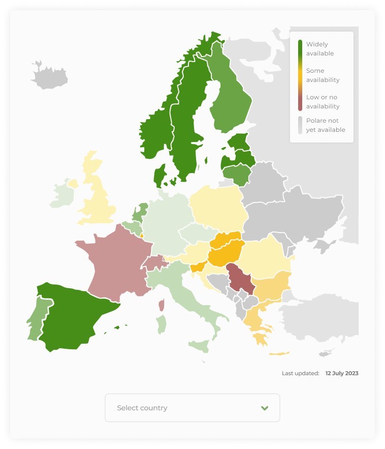 Map of Europe showing where Polare is available, by region